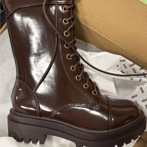 IDIFU Glossy Chocolate Combat Boots